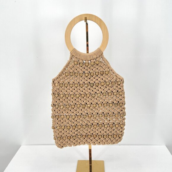 Unbranded Handbags - Boho Macrame Bag Womens Medium Tan Wooden Beaded Purse Circle Handles Retro NEW
